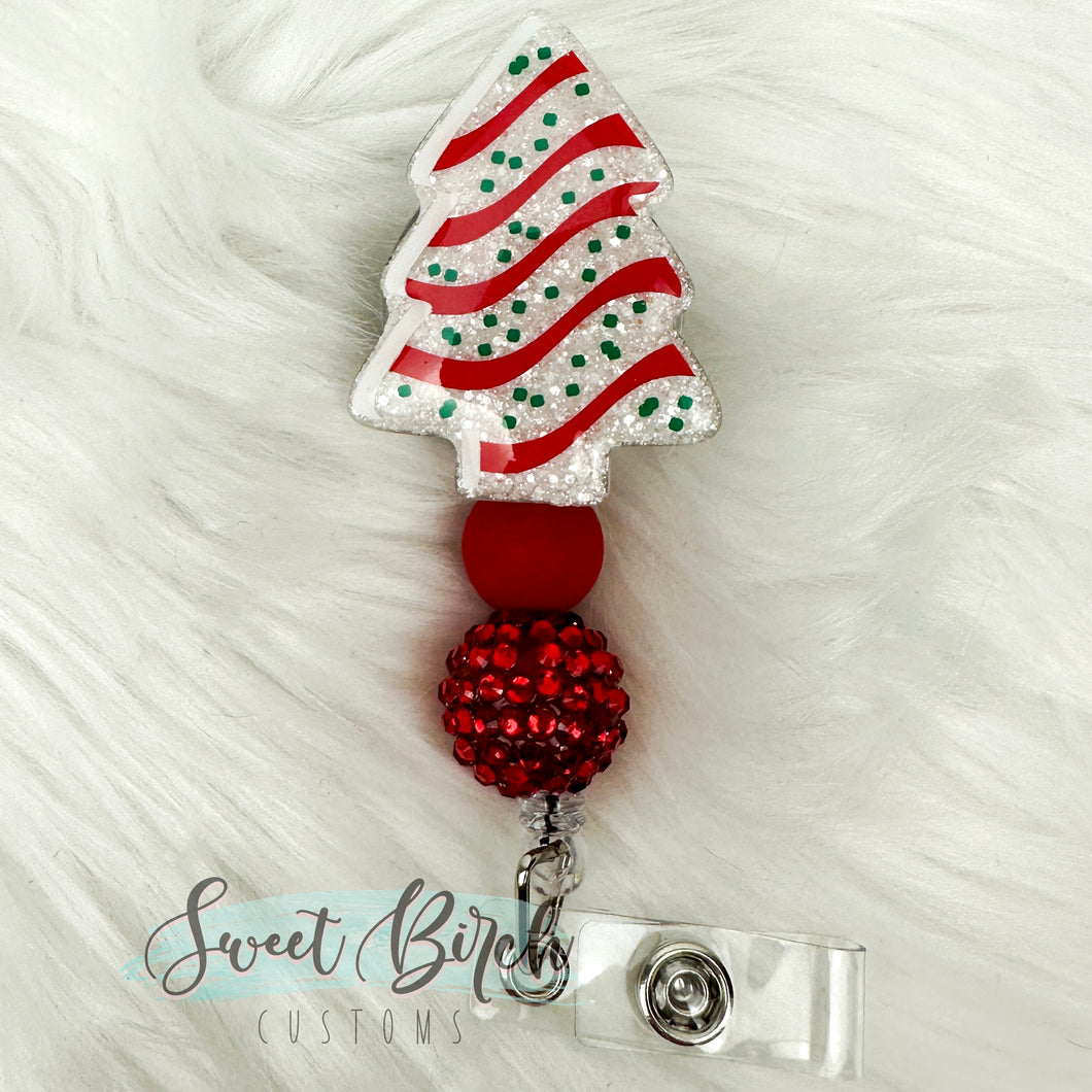 Christmas Tree Cake Glitter Badge Reel