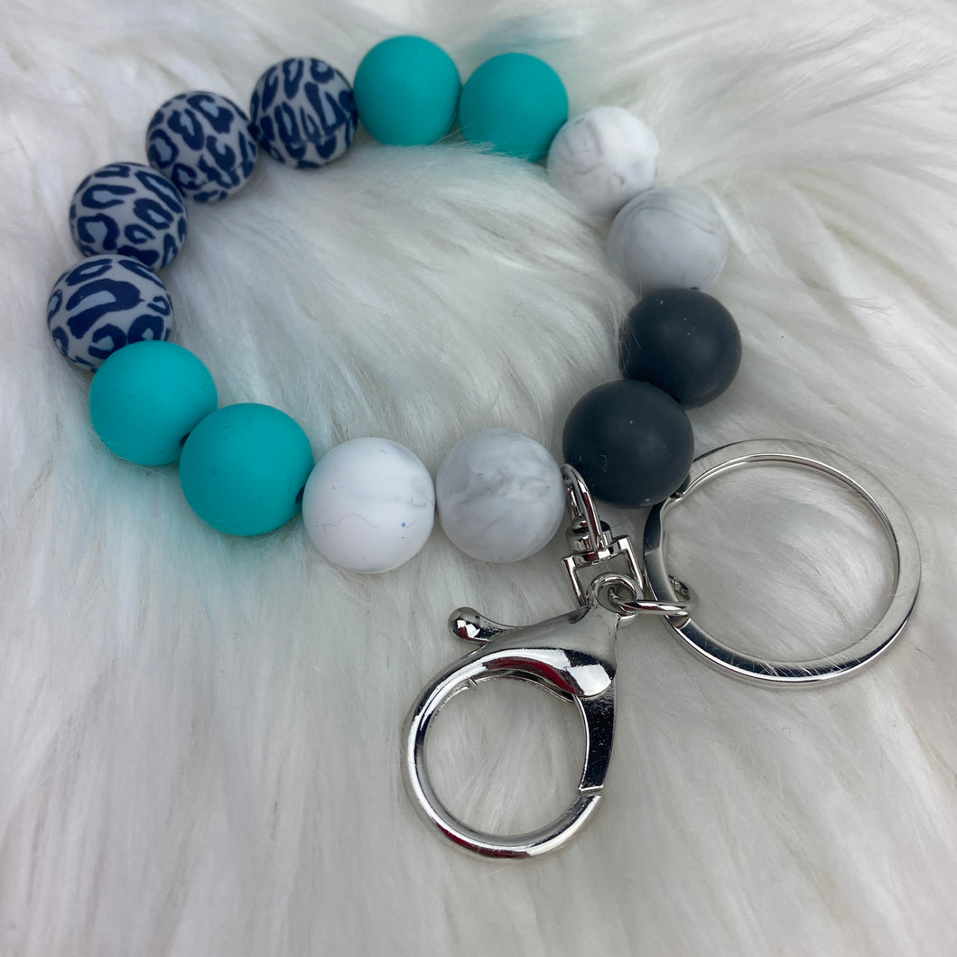 Gray and Aqua Leopard Wristlet Keychain