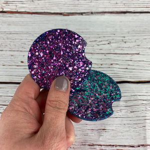 Color Shift Purple Teal Glitter Car Coasters Set 2.5"