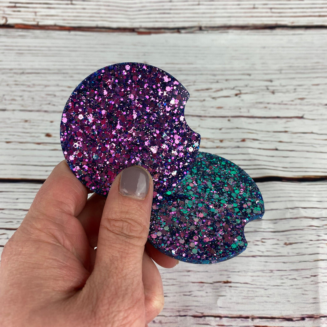 Color Shift Purple Teal Glitter Car Coasters Set 2.5